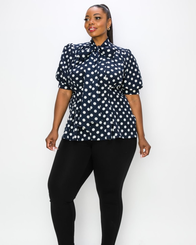 Plus Size Minnie Polka Dot Tie Neck Blouse Navy Ivory